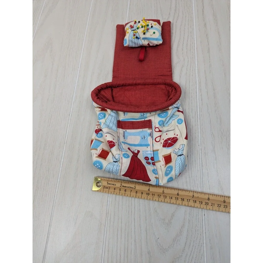 Small Chair Sofa Armrest Sewing Bag Attached Pin Cushion Red Blue Clothing Print